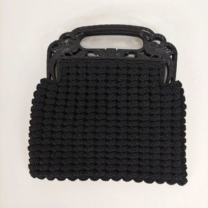 Vintage Art Deco Black Silk Crochet Handbag with Celluloid Bird Handle Purse